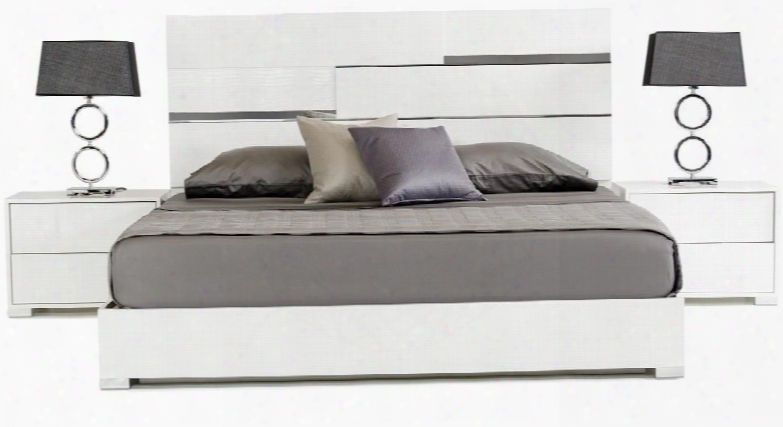 Modrest Ancona Italian Collection Vgacancona-bed-wht-ck California King Size Platform Bed With Crocodile Leatherette Headboard Silver Reflective Accents