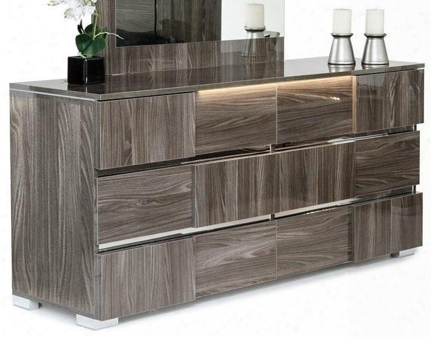 Modrest Picasso Italian Collection Vgacpicasso-dsr-ggry 66" Dresser With 6 Drawers Glass Top Decorative Silver Accents Metal Feet And Lacquer Finish In