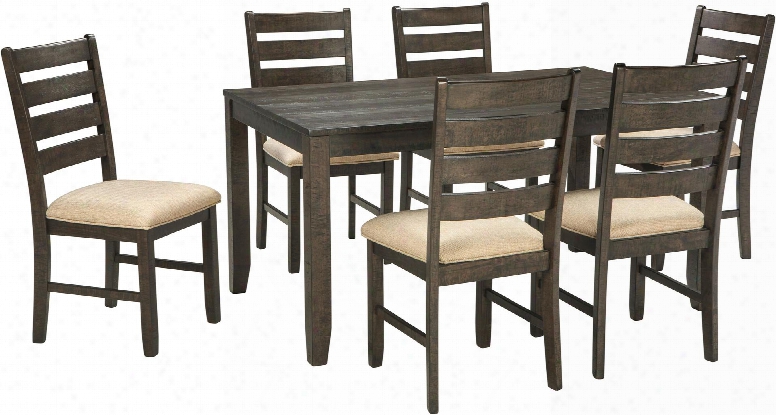 Rokane D397-425 7 - Piece Dining Room Table Set With Seats Upholstered In A Light Brown Textured Fabric And Warm Brown