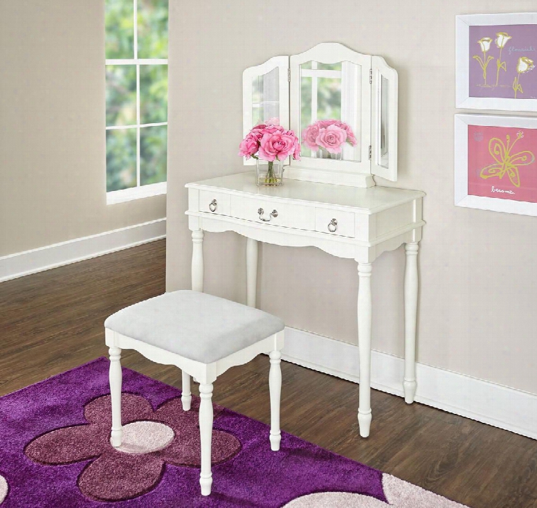 Torri Collection D1061y17v 32" Vanity Set With Tri-fold Mirror 3 Felt-lined Drawers Fabric Cushioned Seat Stool And Medium-density Fibreboard Construction In