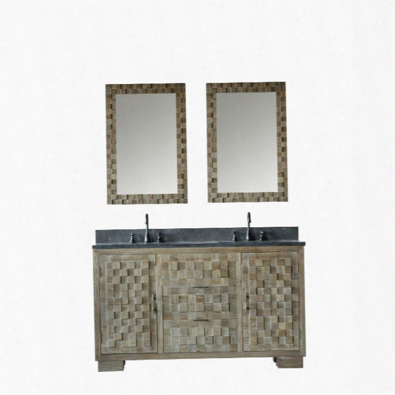 Wn7660+wn7624-m 60" Solid Elm Double Sink Vanity With Two 24" Rectangle Mirrors Natural Moon Stone Top Two Doors Two Drawers And Oil Rubbed Bronze Faucet In