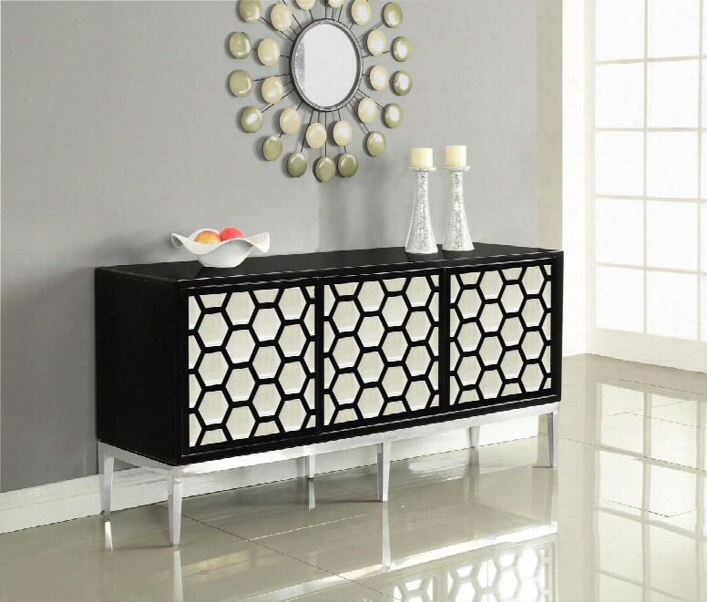 Zoey Collection 304 69" Sideboard With Honeycomb Design Stainless Case-harden Base And Sliding Doors With Mirrored Front In Black