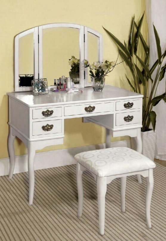 Ashland Cm-dk6405wh Vanity Table With Queen Ann Style Legs Padded Stool Included3-sided Mirror And Drawers In