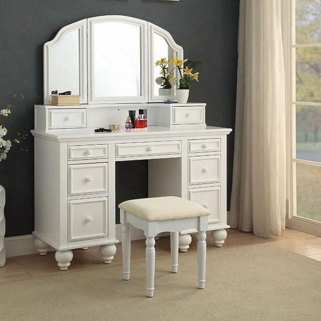 Athy Collection Cm-dk6848wh 47" Vanity With Stool Included 9 Storage Drawers Knob Pulls 3-sided Mirror In