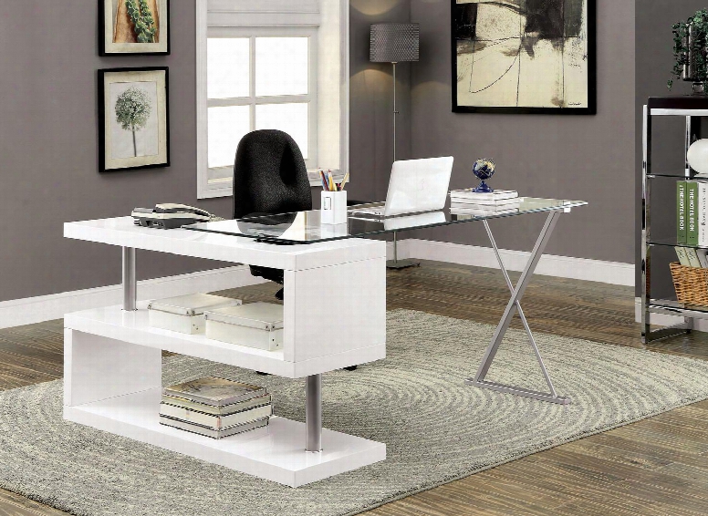 Bronwen Cm-dk6131wh Desk With Modern Design Unique S-shaped Side Panel 10mm Transparent Tempered Glass Chrome Accents In