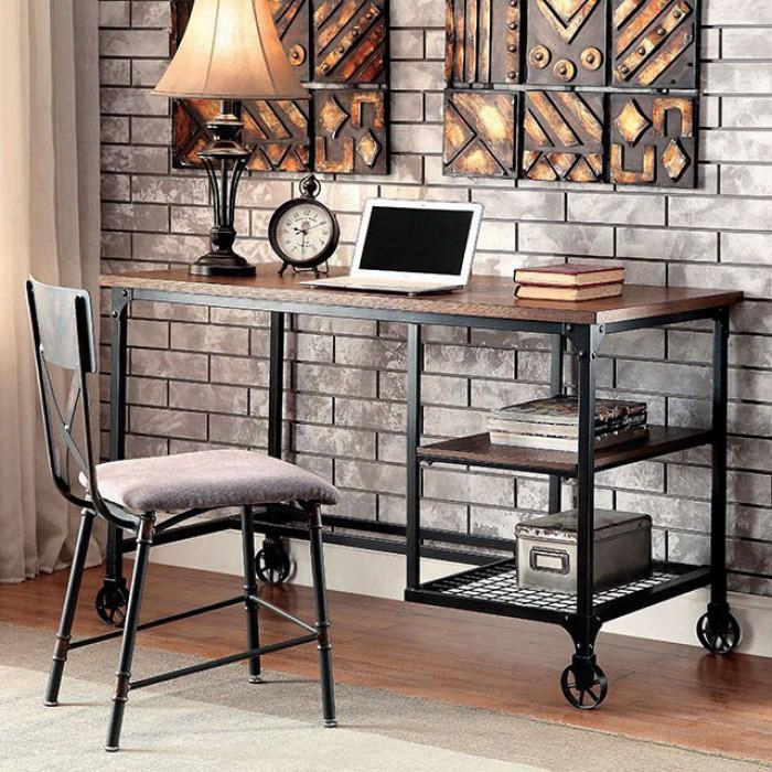 Cori Cm-dk6276 Desk With Industrial Design Caster Wheel Accents Wire Shelving Padded Fabric Chair In Antique