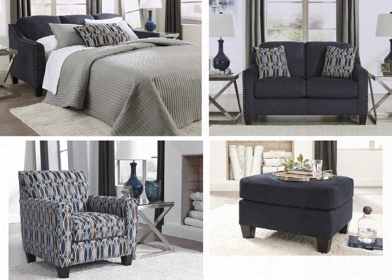 Creeal Heights Collection 80202qsslaco 4-piece Living Room Set With Queen Sofa Sleeper Loveseat Accent Chair And Ottoman In Midnight Bluue