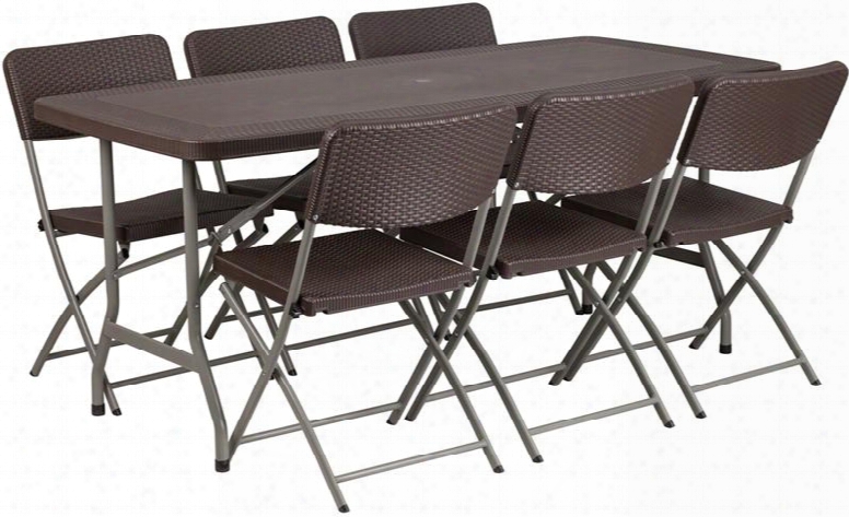 Dad-ycz-172-61-gg 32.5'w X 67.5'l Brown Rattan Plastic Folding Table Set With 6