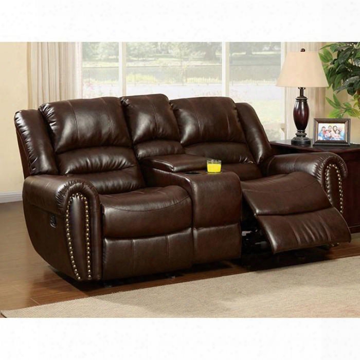 Dundee Collection Cm6960l-ct 79" Reclining Love Seat With Storage Console 2 Recliners Nailhead Trim Split Back And Bonded Leather Match In Dark