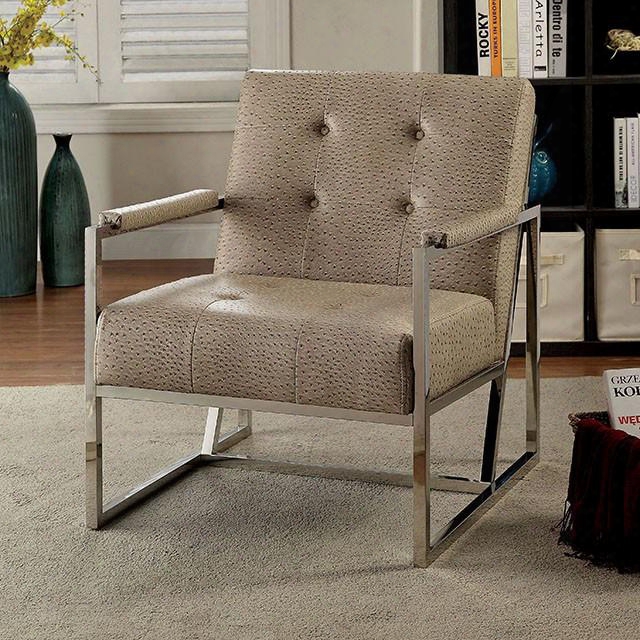 Estridge Cm-ac6272br Accent Chair With Contemporary Style Button Tufted Padded Arm Rest Ostrich Leatherette In Ligh T