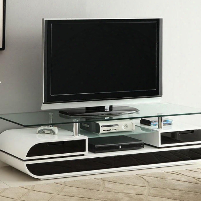 Evos Cm5813-tv 63" Glass Top Tv Console With Modern Style 12mm Tempered Glass Top Black And White Chrome Posts In