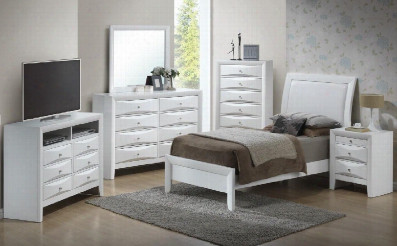 G1570atbset 6 Pc Bedroom Set With Twin Size Bed + Dresser + Mirror + Chest + Nightstand + Media Chest In White