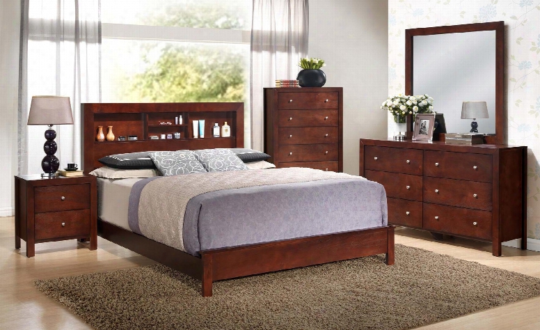 G2400bqb2set 5 Pc Bedroom Set With Queen Size Panel Bed + Dresser + Mirror + Chest + Nightstand In Cherry