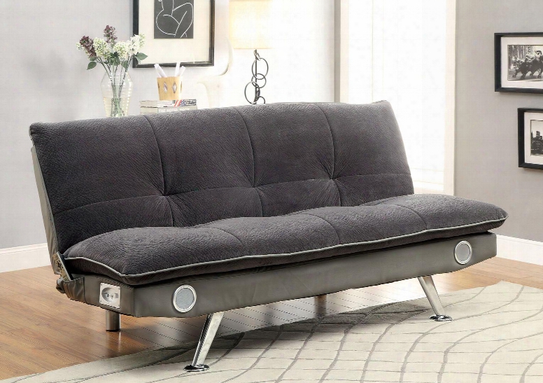 Gallagher Collection Cm2675gy 73" Futon Sofa With Champion Fabric Leatherette Bluetooth Speakers And Chrome Legs In