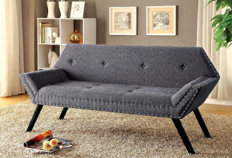 Hilda Cm-bn6195gy Bench With Contemporary Style Padded Linen With Nailhead Trim Button Tufted Black Legs In