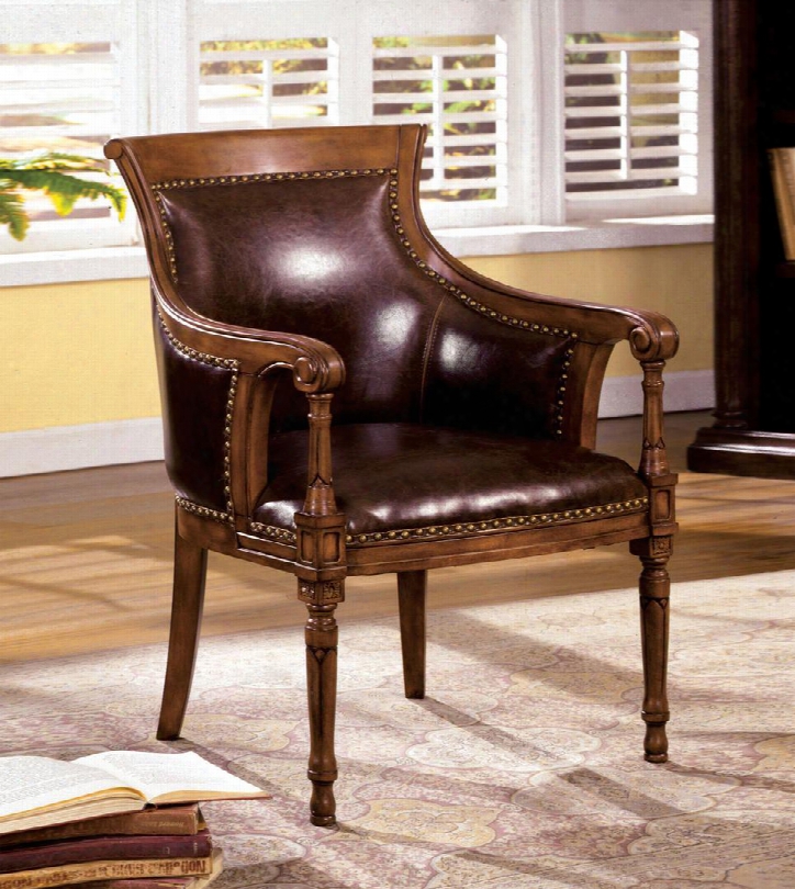 Kirklees Cm-ac6407-kirklees Accent Chair With Curved Scroll Back Solid Wood And Others Dark Brown Bonded Leather Distressed Antique Oak Finish In Distressed