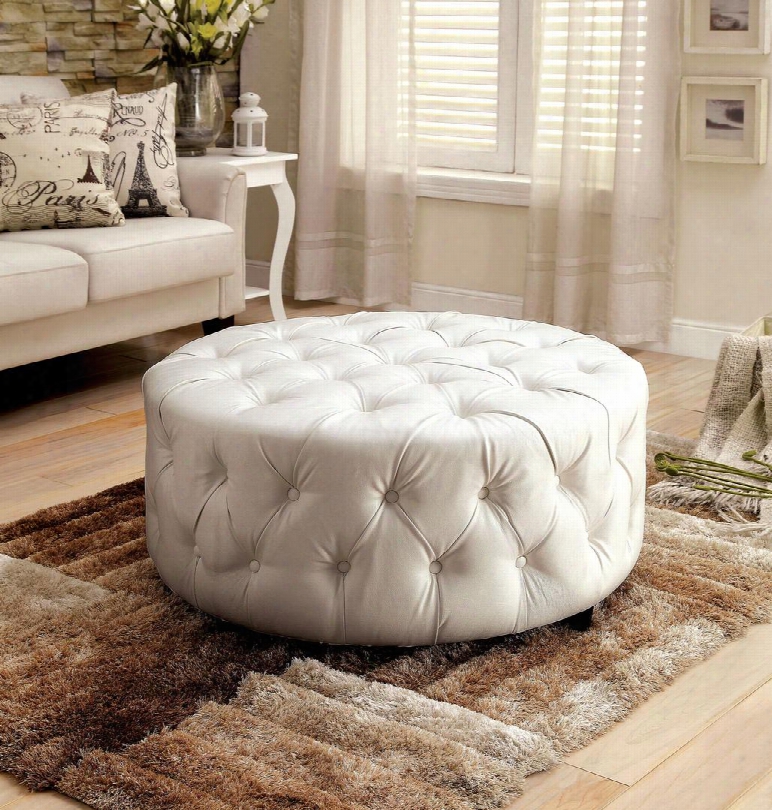 Latoya Cm-ac6289wh Ottomman With Contemporary Style Round Shape Button Tufted Bonded Leather Espresso Wooden Lesg In