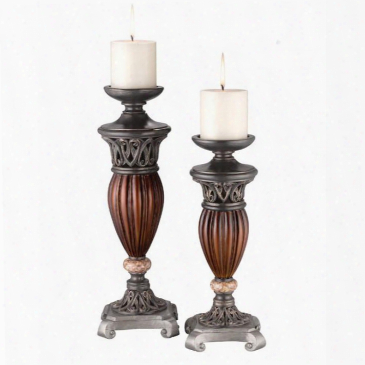 Luna L94190c-4pk Candle Holder Set (4/ctn) With Traditional Style Made Of Resin Granite Embellishment Glossy Brown Finish Resembles Wood In Glossy
