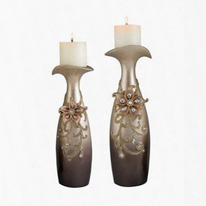 Margo L94248c-4pk Canndle Holder Set (4/ctn) With Transitional Style Floral Accents Made Of Resin Glittery Champagne Gold And Brown Finish In Champagne
