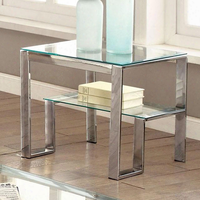 Nikita Collection Cm4163crm-e-pk 22" End Table With Step Inspired Base Metal Frame 8mm Tempered Glass Top And 6mm Tempered Glass Shelf In