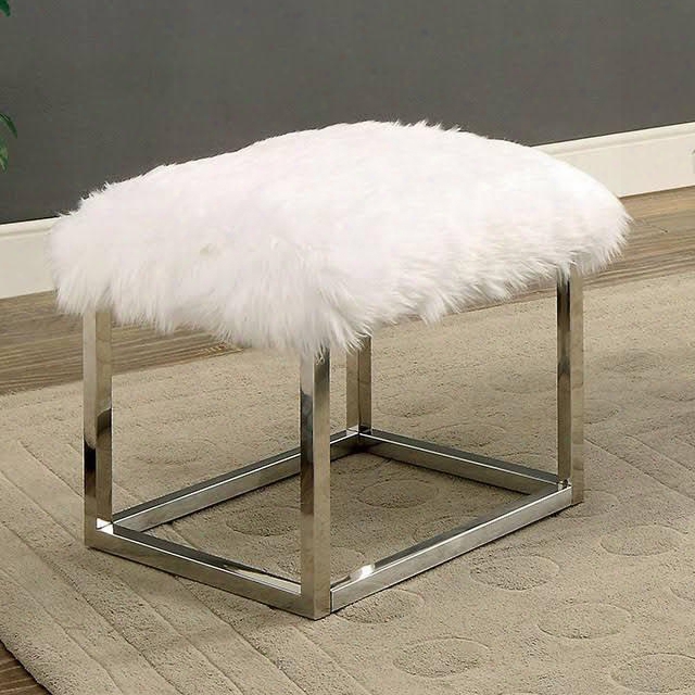 Ria Collection Cm-bn6409wh-s 21" Small Bench With Fur-like Fabric Upholstery And Silver Color Metal Base Frame In