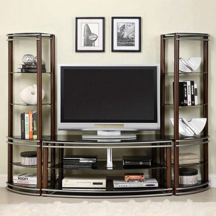 Silver Creek Cm5510-tv 52" Glass T Op Tv Console With Contmeporary  Style Black Tempered Glass Top Brown And Silver Finish Matching Pier Shelf In