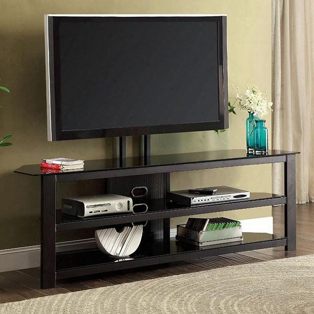 Tasmin Cm5820-tv-72 72" Tv Console With Contemporary Style Black Tempered Glass Top And Shelves Mount Bracket Included Powder Coated Black In Powder Coated