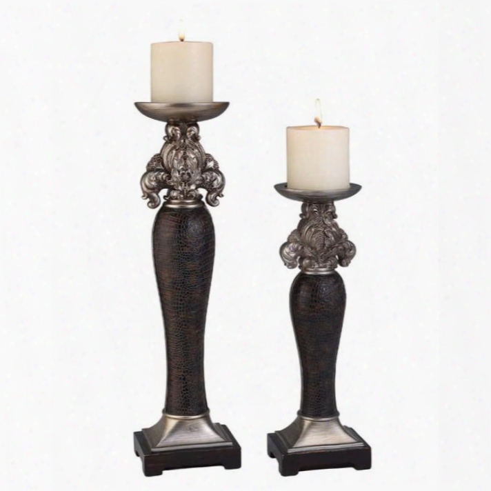 Tracey L94235c-4pk Candle Holder Set (4/ctn) With Transitional Style Sterling Silver-like Trim Brown Faux Crocodile Leather Finish In Sterling