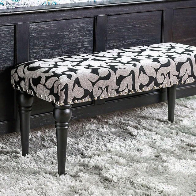 Trisha Cm-bn6660 Bench With Contemporary Style Floral Print Nailhead Trim Tapering Legs In Black With Floral