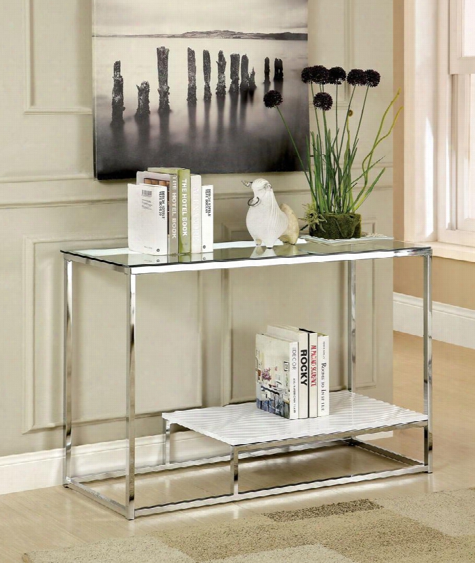 Vendi Collection Cm4231wh-s 48" Sofa Table W Ith 8mm Tempered Glass Textured Display Shelf And Metal Base In White And