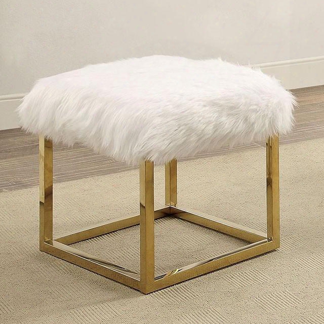 Zada Collection Cm-bn6410wh-s 21" Small Bench With Fur-like Building Upholstery And Gold Color Mteal Base Frame In