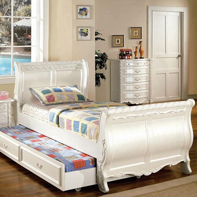 Alexandra Collection Cm7226t-bed Twin Size Sleigh Bed With Fairy Tale Style Motif Design And Solid Wood Construction In Pearl White