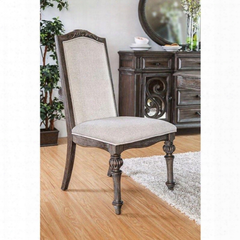 Arcadia Collection Cm3160sc-2pk Set Of 2 Transitional Side Chairs With Intricate Leg Designs And Padded Ivory Fabric Cushion In Rustic Natural