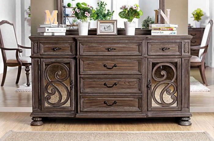 Arcadia Collection Cm3150sv 68" Server With Intricate Wood Inlay Details Mirror Inserts 6 Drawers And 2 Doors In Rustic Natural