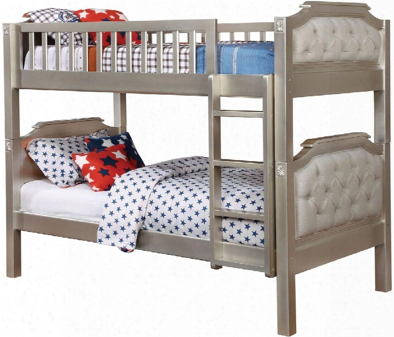 Beatrice Collection Cm-bk717-bed Twin Size Bunk Bed With Button Tufted Fabric Headboard Attached Ladder Solid Wood And Wood Veneers Construction In Champagne