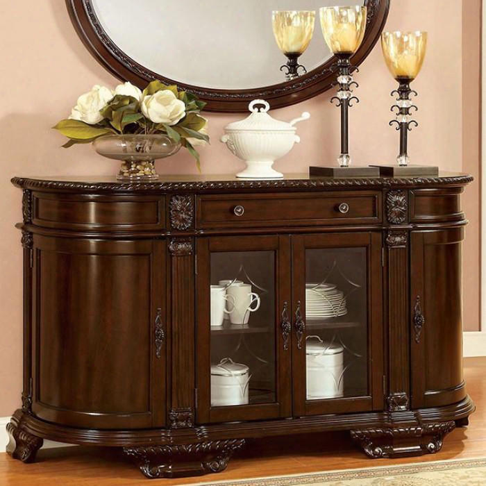 Bellagio Collection Cm3319sv 66" Server With 2 Glass Doors 2 Side Doors Top Drawer And Intricate Carvings In Brown