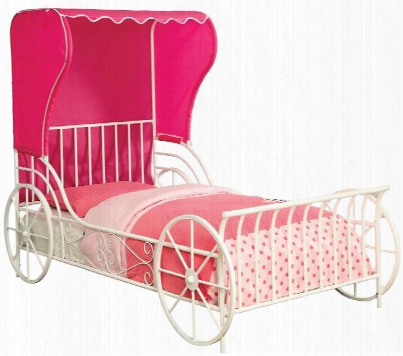 Charm Collection Cm7715t Twin Size Platform Bed With Carriage Style Pink Fabric Wingback Tent Full Metal Construction And Powder Coated In White