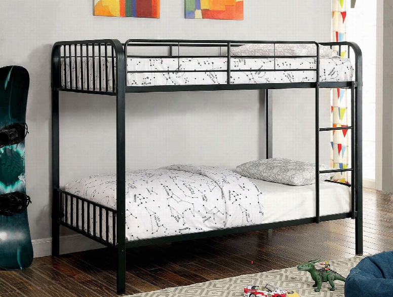 Clement Collection Cm-bk928tt-bed Twin/twin Size Bunk Bed With Side Guard Rails Slats Top/bottom Attached Ladder And Full M Etal Construction In Black