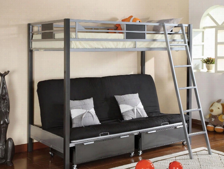 Cletis Collection Cm-bk1014 Twin Size Bed With Futon Base Movable Ladder Contemporary Style And Full Metal Construction In Silver And Gun Metal