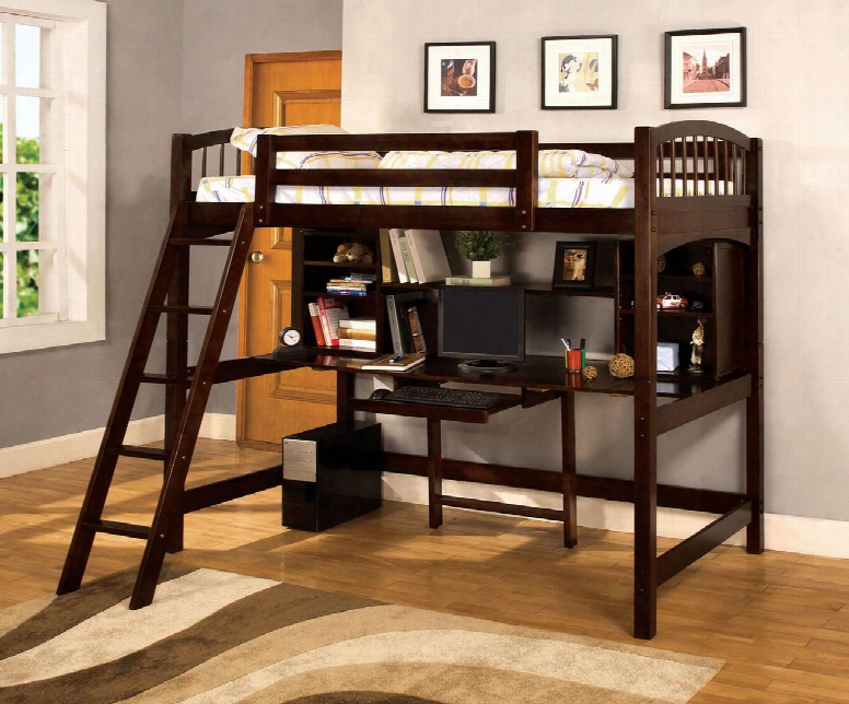 Cm-bk263-bed Twin Size Workstation Bed With Built-in Side Bookcase Attached Ladder 14 Pc  Slats Top/bottom Solid Wood And Wood Veneers Construction In Dark