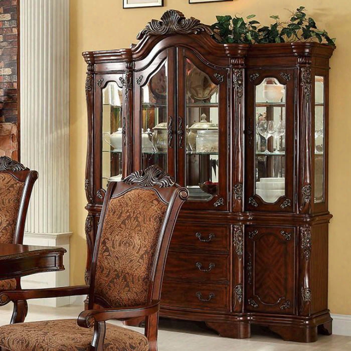 Cromwell Collection Cm3103hb 71" Hutch Buffet With 4 Glass Doors 3 Drawers And Carved Detailing In Antique