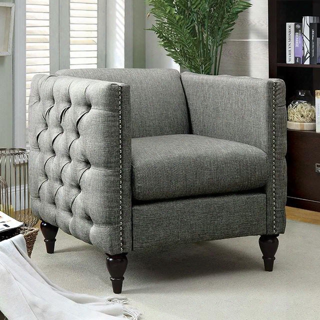 Emer Collection Cm6780gy-ch-set 32" Chair With Deep Button Tufting Nailhead Trim And Turned Legs In