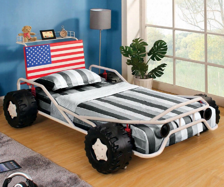 Freedom Racer Collection Cm7765-bed Twin Size Be Dwith Race Car Design Headboard Shelf Usa Flag Leatherette Headboard And Metal Construction In White