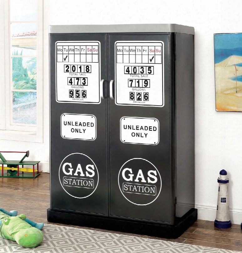 Gt Racer Collection Cm-ac6260gm 42" Double Door Closet With Magnetic Numbers Gasoline Pump Design And Sturdy Metal Construction In Silver And Gun Metak Frame