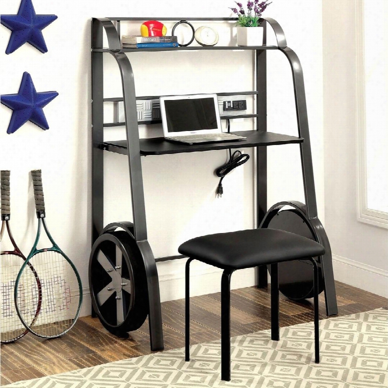 Gt Racer Collection Cm7946dk 38" Desk With Leatherette Stool Slender Top Display Shelf Usb/power Outlet And Metal Construction In Silver And Gun Metal Frame