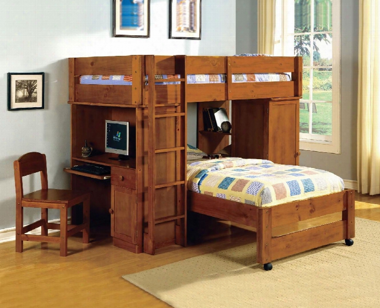 Harford Collection Cm-bk529-oak-set Twin Size Loft Bed With Built-in Desk Chair Multiple Storage 13 Pc Slats Top/bottom And Wood Veneers Construction In Oak