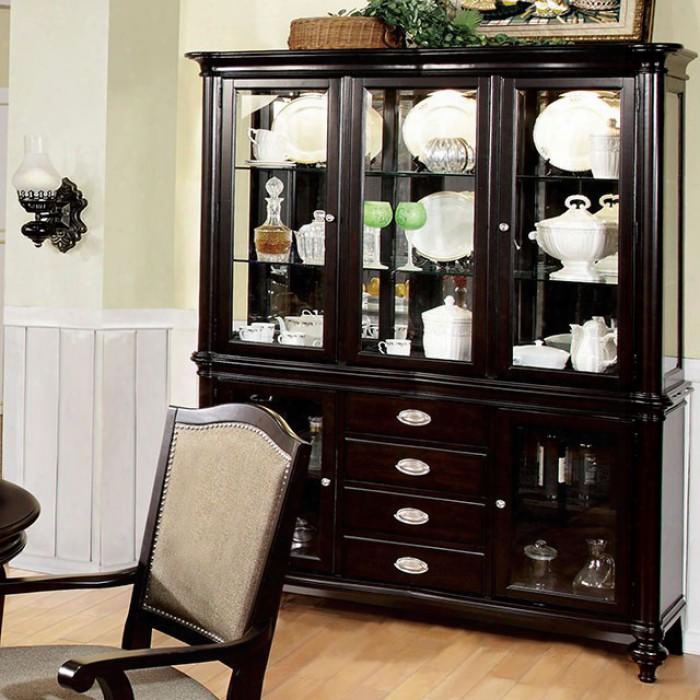 Harrington Collection Cm3970hb 60" Hutch & Buffet With 3 Glass Doors 4 Drawers And Molding Details In Dark