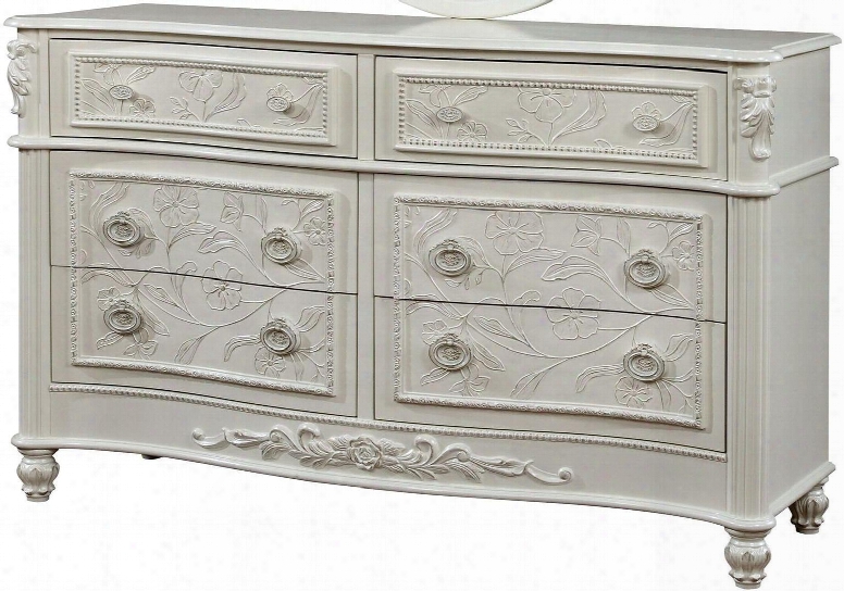 Henrietta Collection Cm7192d 55" Dresser With 6 Drawers Fairy Tale Style Carved Turned Feet Solid Wood And Wood Veneers Construction In White