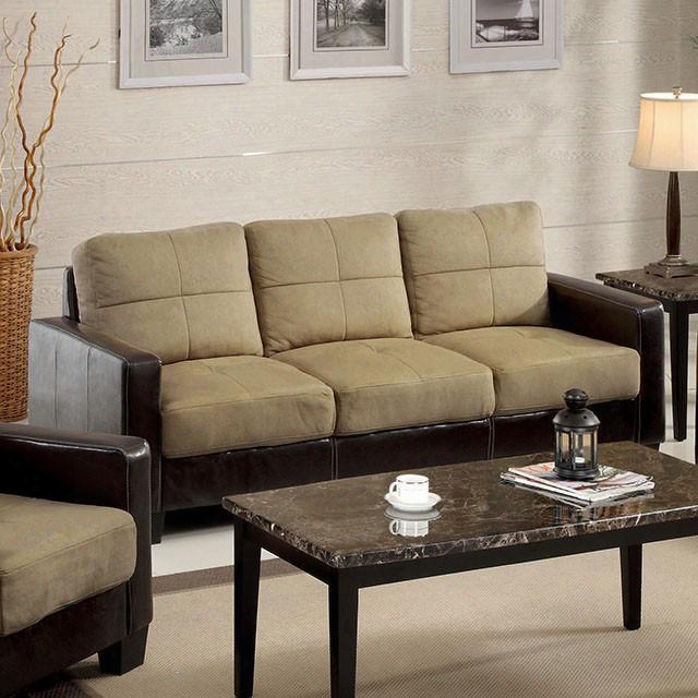 Laverne Collection Cm6598-s 79" Sofa With Elephant Skin Microfiber Cushions Leatherette Arms And Tufted Detailing In Tan And