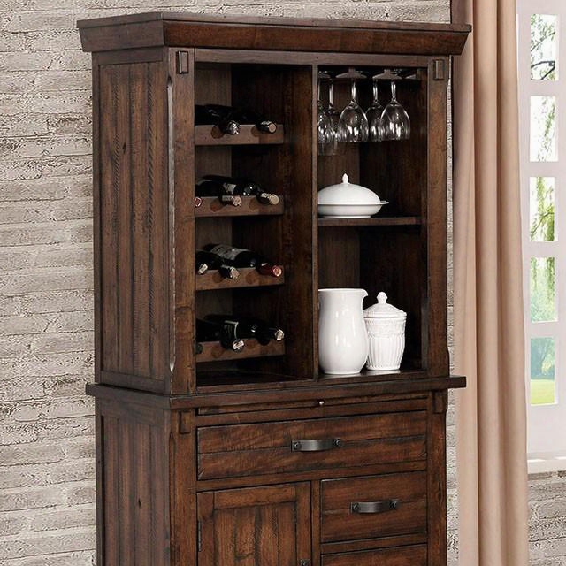 Meagan I Cm3152cn Wine Cabinet With Transitional Style Plank Design Hanging Glassware Rack Wine Rack And Drawer In Brown